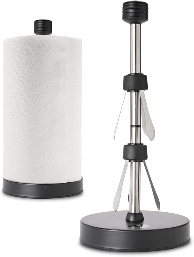 Dear Household Stainless Steel Paper Towel Holder Easy One-Handed Operation - This Sturdy Weighted Paper Towel Dispenser Countertop Model Has Suction Cups and Holds All Paper Towel Rolls - Black