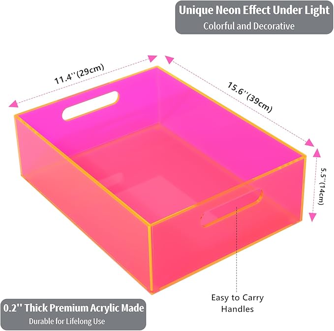 Large Storage Bin Acrylic Pantry Storage Container with Handles Kitchen Organizer Bin for Cabinet Cupboard Organization, Heavy Duty, 15.4 x 11.4 x 5.5'', Neon Pink