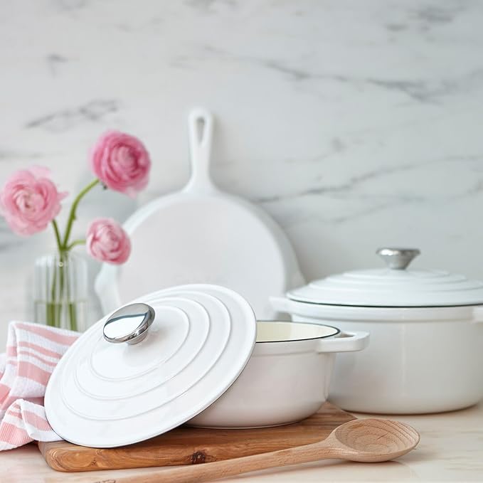 Sur La Table Enameled Cast Iron Cookware Set – Includes 5-Qt & 2.5-Qt Dutch Ovens with Lids and 10" Skillet, Oven to 500°F, Induction Compatible, Essential Starter Gift Set, White