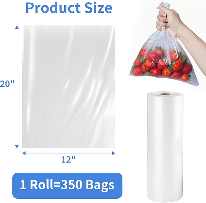 Food Storage Plastic Bag Rolls, 2 Rolls 12x20 Clear Produce Bags Roll for Food Storage, Bread, Vegetables, Fruit, Trash Bags Plastic, 350 Bags/Roll