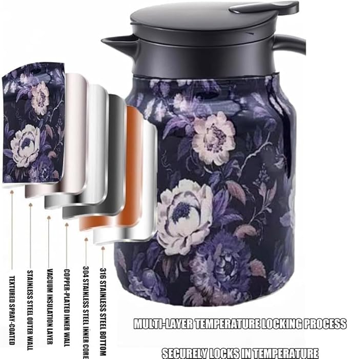 Vintage Floral Pattern Teapot, Doresty Tea Pot, Vintage Floral Pattern Tea-Built-In Infuser, Stainless Steel Thermal Carafe with Lid for Hot Drinks (Orange, Wooden handle)
