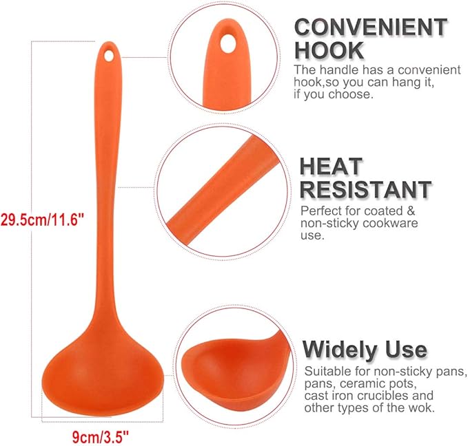 uxcell Silicone Soup Ladle Spoon 11.6 Inch Length Heat Resistant to 450°F One Piece Design Restaurant Kitchen Cooking Utensil for Serving Soup Orange