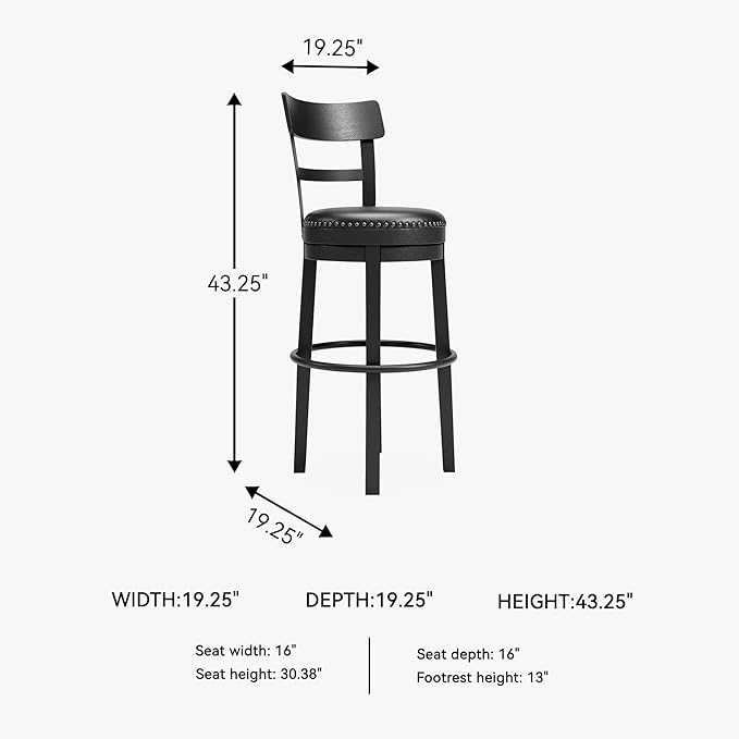 Signature Design by Ashley Valebeck Tall Upholstered Swivel Bar Stool with 360-Degree Swivel and Nailhead Trim, Faux Leather, 30" Seat Height, Black Finish