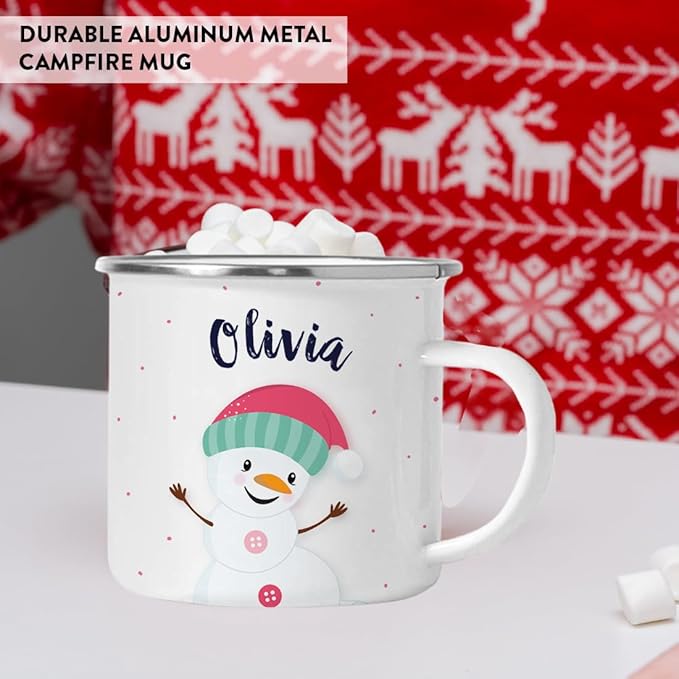 Andaz Press Personalized Name 11oz. Kids Christmas Hot Chocolate Stainless Steel Campfire Coffee Mug, Charming Snowman Pink Aqua Hat Hello, 1-Pack, Custom Birthday Xmas Cup Kids Hot Chocolate Mug