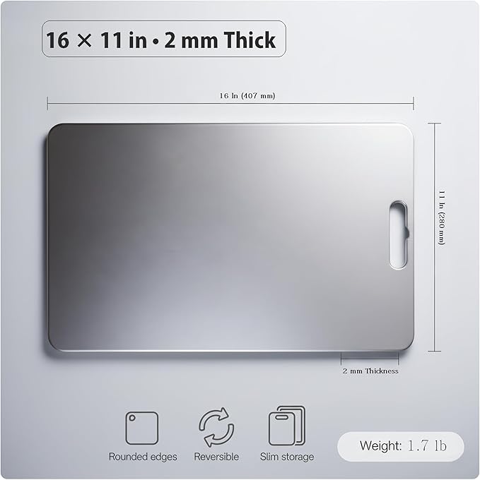 16x11 Titanium Cutting Board 2mm Thick. 100% Pure Titanium Cutting Board, Stays Flat & Odor-resistant, Non-porous, Dishwasher-safe, Reversible - Multi-use: Pastry, Prep & Serve, Bbq.