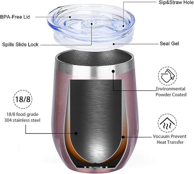 MEZMUT 12 Oz Insulated Wine Tumbler with Lid Double Wall Vacuum Stainless Steel Wine Glass Coffee Mug Insulated Tumbler Cup for Champaign, Cocktail, Beer (Rose Gold, 4 Pack)