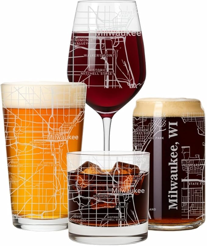 Blue Ridge Mountain Gifts - Milwaukee Souvenir - Wisconsin Glassware Gift, Etched City Map, Laser Engraved and Dishwasher Safe