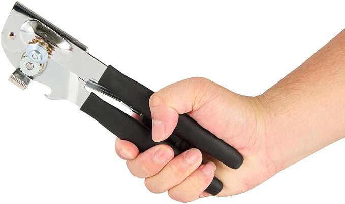 Restaurantware Stainless Steel Magnetic Manual Can Opener - German Standard Black Crank Can Opener with Magnet, Ergonomic Handle, Non-Slip - Heavy-Duty Hand Can Opener, Easy Turn, Sharp Blade