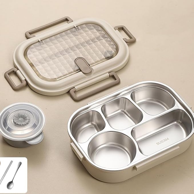 Bento Box Adult Lunch Box 304 Stainless Steel Portable Leakproof Lunch Food with Chopsticks Spoon Soup Bowl Large Capacity Sealed 1500ML (White-5 Compartments, 10.23IN*6.69IN*2.76IN)