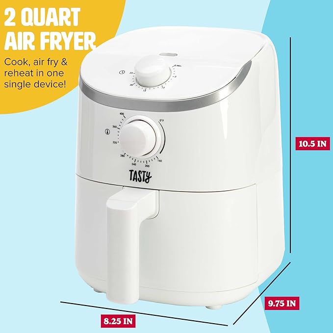 Tasty Personal Air Fryer, Healthier Meals in Minutes, Adjustable Temp Control up to 400°F, Easy-to-Use Design, Nonstick Basket and Tray Made without PFAS, PFOA, PFOS & PTFE, 900 Watts, 2-Quart, White
