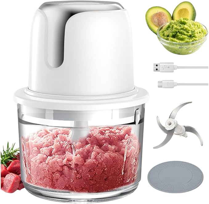 Electric Food Processor, 1.2L Cordless Meat Grinder, USB-C Rechargeable with 4500mAh Battery (Sliver)
