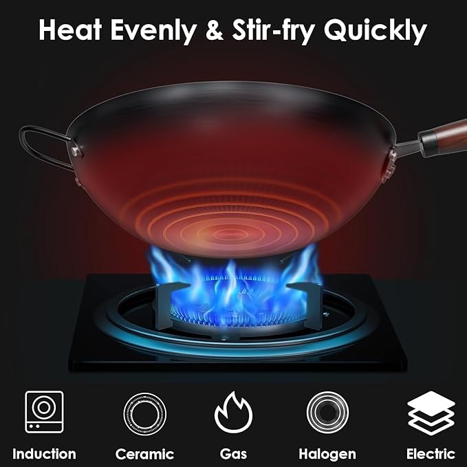 Steel Wok Pan, 11.8-inch/12.6-inch/13.4-inch Stir Fry Pans Chinese Wok Flat bottom Iron wok for Induction, Electric, Gas, Halogen All Stoves Ideal for Stovetop Cooking (13.4-inch)