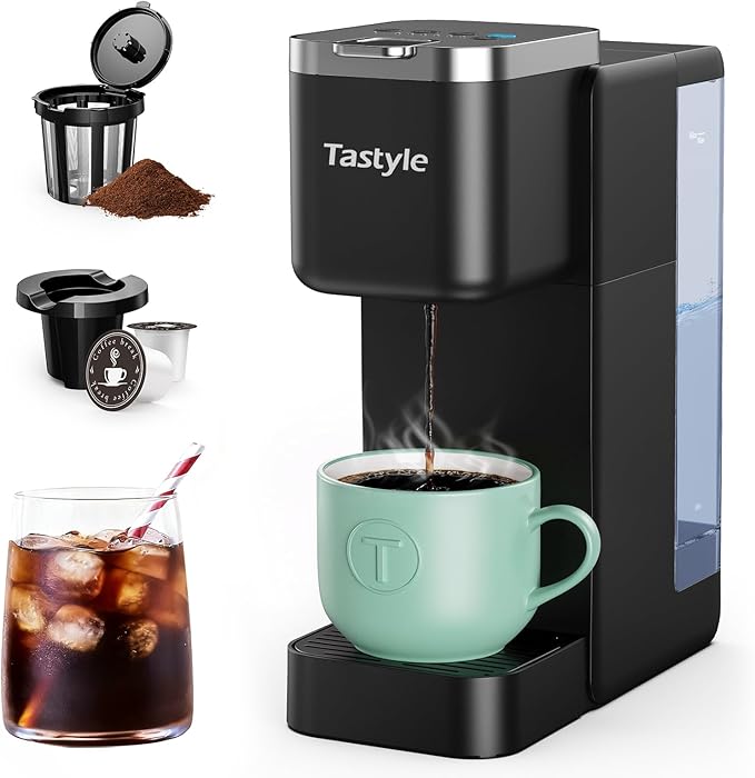 Single Serve Coffee Maker, Iced and Hot Coffee Machine for K Cup & Grounds, Compact Design, 40oz Removable Water Reservoir, 6 to 24 Oz Brew Sizes, Fits 7.3" Travel Mug, Black