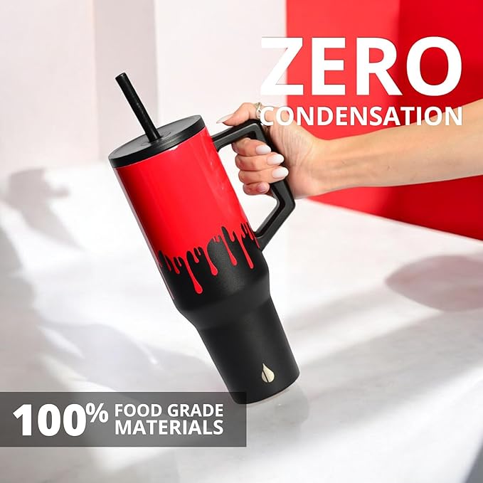 Elemental 40 oz Tumbler with Handle and Straw - Spill Proof Insulated Stainless Steel Commuter for Hot and Cold Beverages - Travel Coffee Mug with 2 Straws & Spill Proof Lid - 40oz - Sanguine Drip