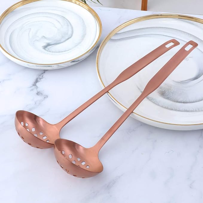 Buyer Star 2 Pcs Soup Ladle Colander, Rose Gold Cookware Serving Long Handle Steel Slotted Spoon Cooking Utensil Set for Hotpot