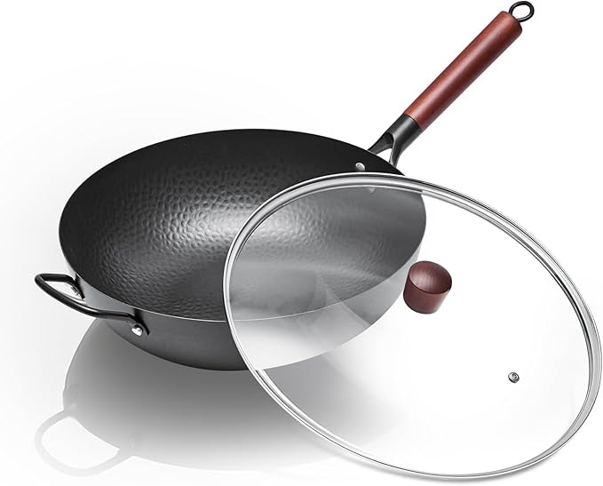Wrought Iron Flat Bottom Wok with Glass Lid – Detachable Wooden Handle, Non-Coated Naturally Nonstick Frying Pan for Gas, Electric & Induction Stoves (Black Wok with Helper Handle, 13.4 inch)