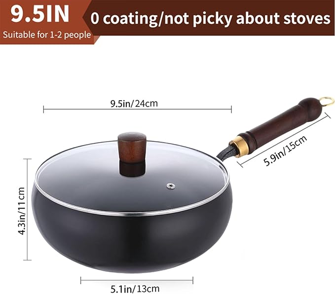 Suntuup Japanese Iron Pan, Uncoated Iron Pan, 9.45 Inch Suntuup japanese iron frying pan Non-Stick IronPan for Cooker Gas Stir Fry Pans with Lid Spatula Durable and Rust-Free (Glass Lid, 9.45in)