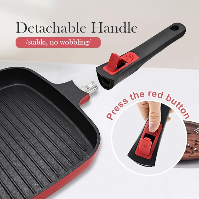 Grill Pan for Stove Tops with Lid 10 inch, Nonstick Square Griddle Pan with Detachable Handle for Indoor Cooking