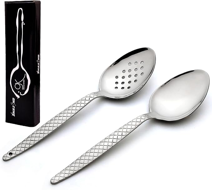 Chef Kunz Spoon | Pack of 2 | 18/10 Stainless Steel Professional Chef's 9 inch Solid Bowl Silver Plating Spoon | Non-Slip Grip Spoons for Basting, Quenelle, Serving, Sauces