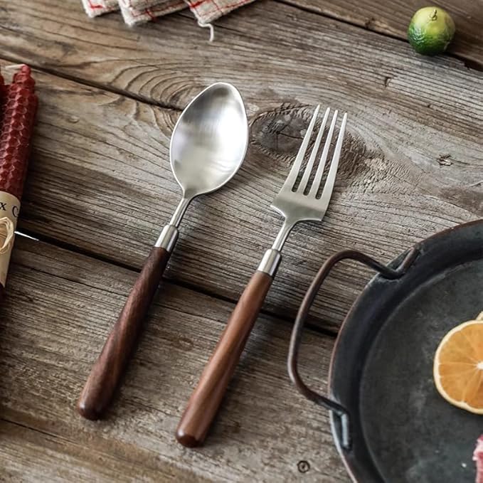 Walnut Wooden Silverware Set Flatware Set for 4 Exquisite Ergonomic Wood Handle Utensil Sets 18 10 Stainless Steel Cutlery Sets Include Fork Knife Spoon Matte Tableware,Dishwasher Safe