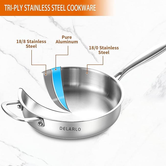 DELARLO Tri-Ply Stainless Steel 10 Inch Frying Pan,3 Quart Sauté Pan with lid,Compatible with All Cooktops,Oven Up to 660℉,Chicken Fryer,Dishwasher-Friendly