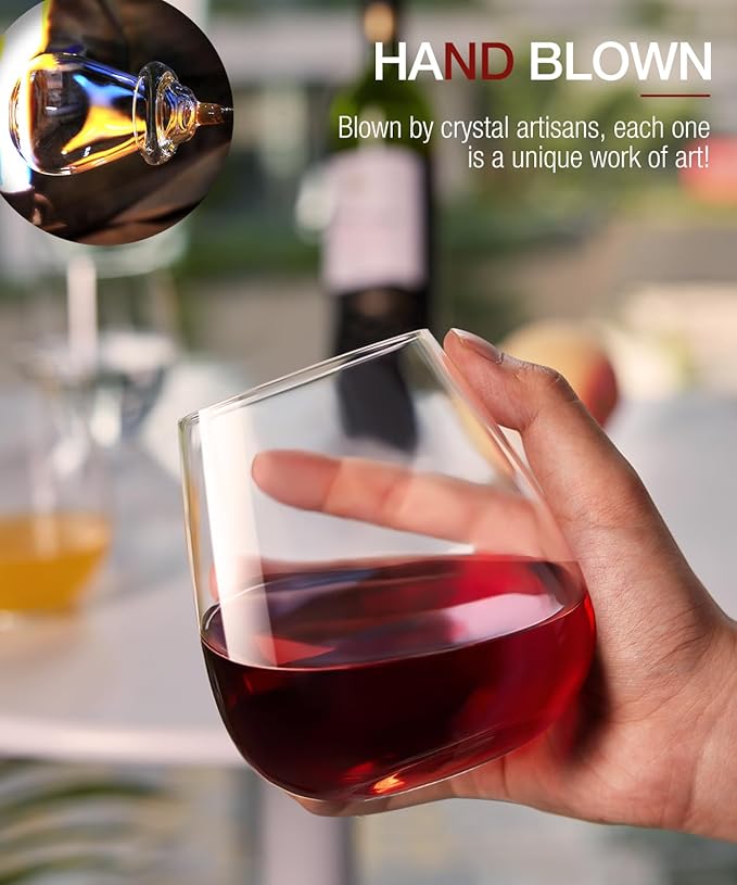 Stemless Wine Glasses Set of 4, 17oz Hand Blown Crystal Red White Wine Glass, Ideal for Birthday and Special Days, Perfect Gifts for Both Men and Women