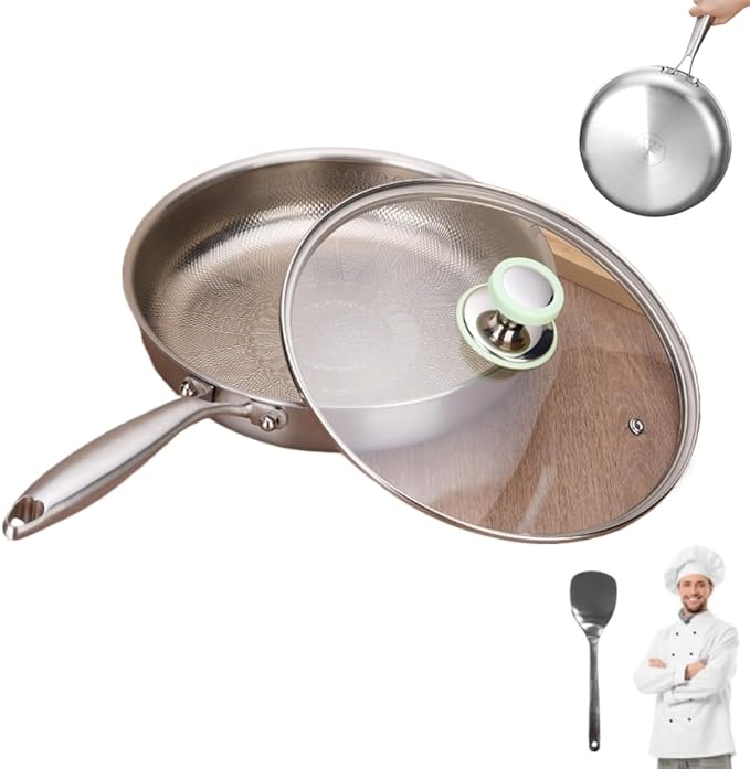 Platefull Titanium Pan,Titanium Frying Pan With Lid,No Coating Non-Stick Titaniums Cookware,Ultra-Durable, Scratch-Resistant, Compatible With All Cooktops