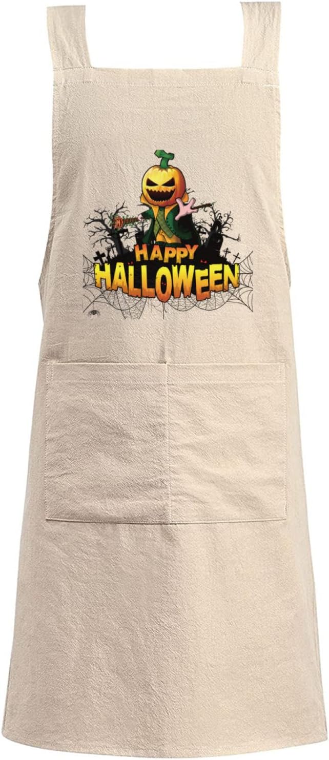 Cotton Linen Apron Non-tie Cross Back Kitchen Apron with Pockets Soft Comfortable Durable for Cooking Baking Gardening (Khaki,Halloween)