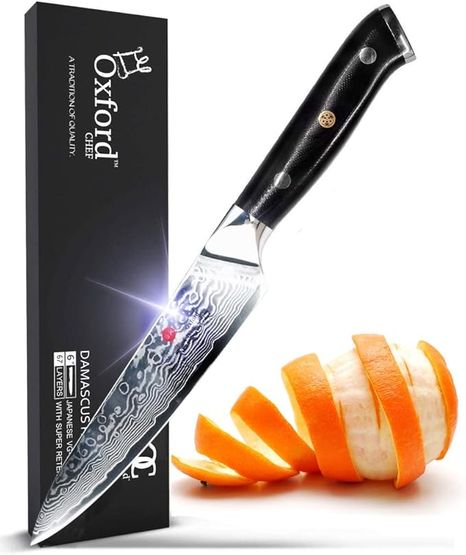Oxford CHEF Utility (Petty) Knife 6 inch Damascus- Japanese- VG10 Super Steel 67 Layer High Carbon Stainless Steel-Razor Sharp, Stain & Corrosion Resistant, Awesome Edge Retention
