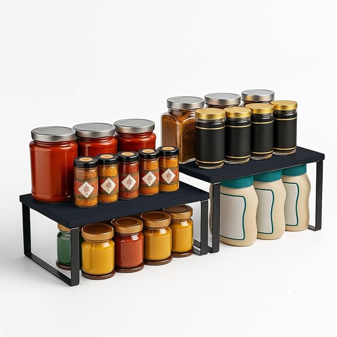 Sben Cabinet Organizer Shelf, Set of 2 Kitchen Counter Shelves, Kitchen Storage, Spice Rack, Stackable, Expandable, Metal and Engineered Wood, Ink Black and Charcoal Black