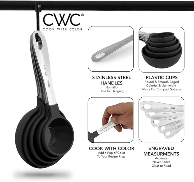 COOK WITH COLOR Measuring Cups Set and Measuring Spoon Set, Stainless Steel Handles, Nesting Kitchen Measuring Set, Liquid Measuring Cup Set, 12 PC Stainless Steel, Black