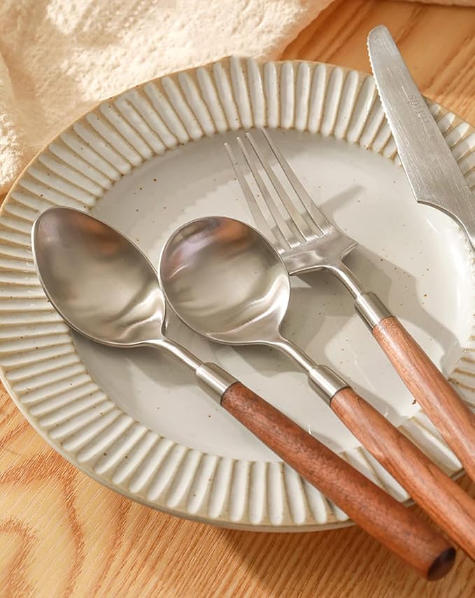 Wood Silverware Set for 10 Wooden Flatware Cutlery Utensils Set 18/10 Stainless Steel Walnut Handle 40 Piece Include Knives Forks and Spoons Tableware Set for Home Kitchen Wedding Restaurant