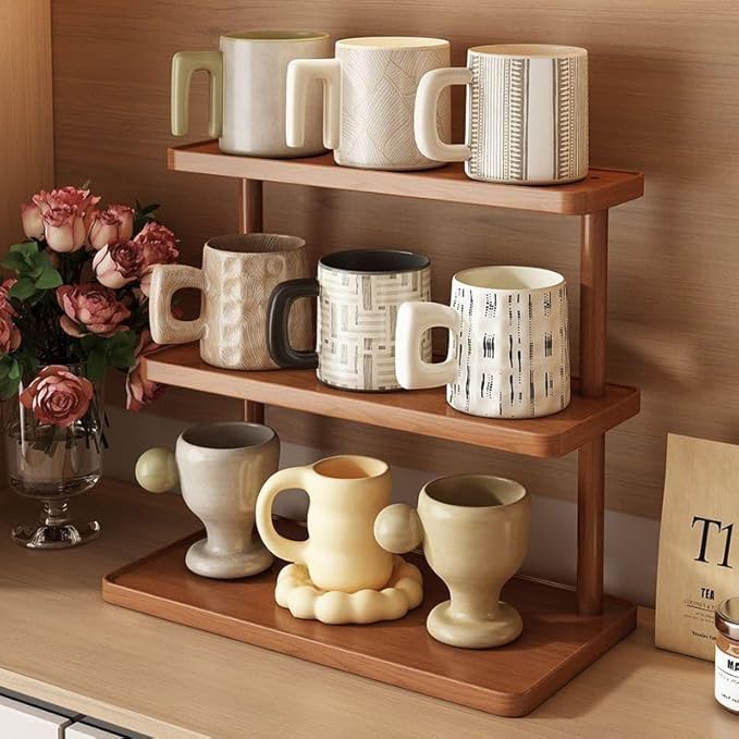 3-Tier Bamboo Mug Holder Countertop Coffee Station Organizer Spice Rack Shelf Mug Rack for Kitchen Cabinets