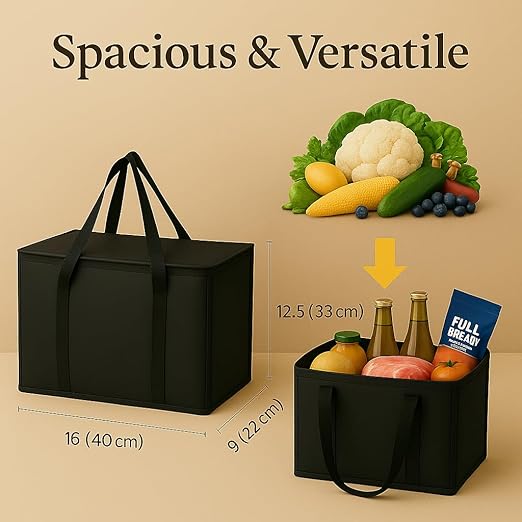 2-Pack, XL-Large Insulated Grocery Shopping Bags, Black, Reusable Bag,Thermal Zipper,Collapsible,Tote,Cooler,Food Transport hot and Cold,Camping, delivery Groceries Freezer