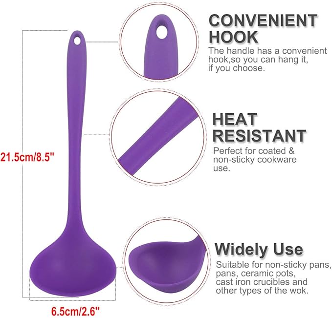 uxcell Silicone Soup Ladle Spoon 8.5 Inch Heat Resistant to 450°F One Piece Design Restaurant Kitchen Cooking Utensil for Serving Soup Purple