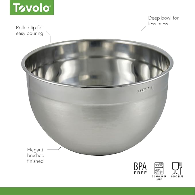 Tovolo Stainless Steel Mixing Bowls, 7.5 Qt - Metal Nesting Mixing Bowl with Rounded Lip for Easy Pour & Minimal Mess - Large & Small Dishwasher Safe Kitchen Supplies for Prep & Cooking