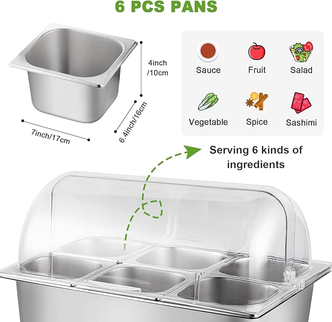 Countertop Ice Food Serving Display Container 6 Pans 2 Ice Packs Cooled Condiment Dispenser Salad Dressing Cold Serving Appetizer Cooler Spice Food Display Rack Sauce Organizer for Buffet