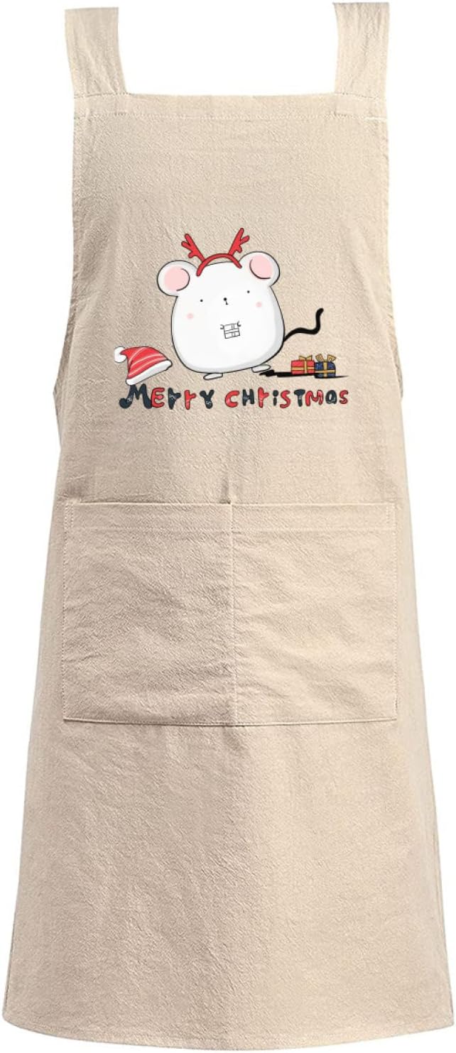 Cotton Linen Apron Non-tie Cross Back Kitchen Apron with Pockets Soft Comfortable Durable for Cooking Baking Gardening (Khaki)