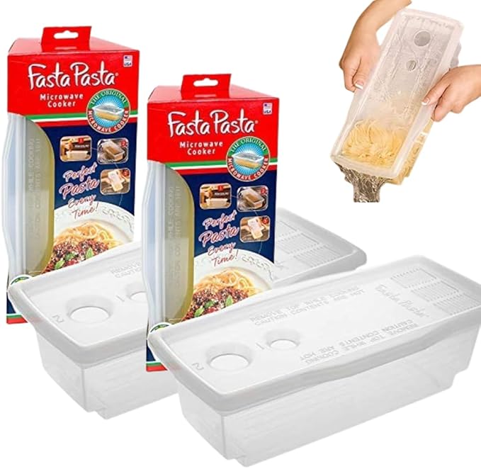 Fasta Pasta Microwave Pasta Cooker- The Original (2PK)- Cooks up to 4 Servings- No Mess, Sticking or Waiting For Boil- Perfect Al Dente Pasta Every Time- For Dorms, Kitchens, Offices- Made in the USA