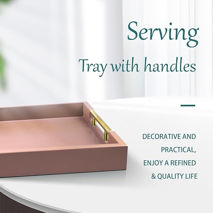 Wooden Decorative Coffee Table Tray, 16" Serving Tray with Gold Handles for Ottoman, Living Room, Perfume, Vanity Dresser Organizer (Mocha)