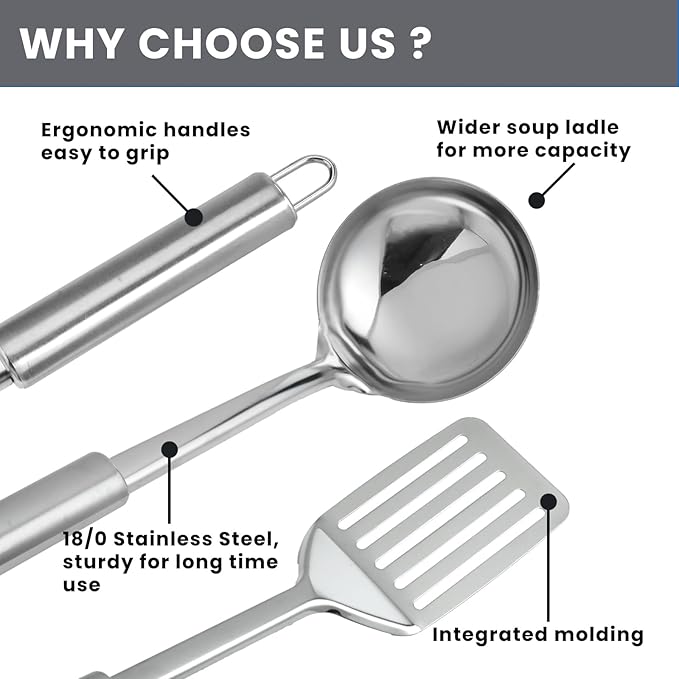 4 Pack Stainless Steel Cooking Utensils Set, Kitchen Utensils Set, Slotted Spoon, Soup Ladle, Serving Spoon and Slotted Spatula, Ergonomic Handle, Dishwasher Safe