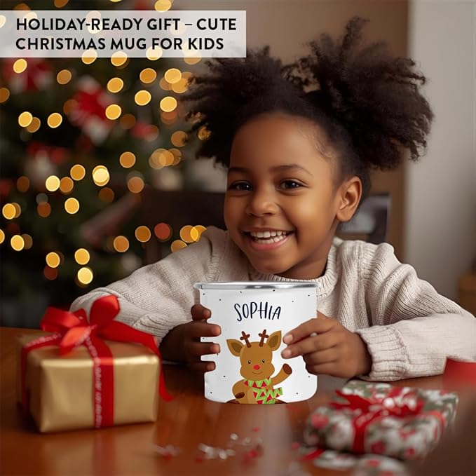 Andaz Press Personalized Name 11oz. Kids Christmas Hot Chocolate Stainless Steel Campfire Coffee Mug, Adorable Rudolph Reindeer Waving, 1-Pack, Custom Birthday Xmas Cup Kids Mugs For Hot Chocolate