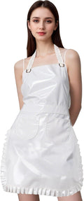 Glossy Cute Ruffled Apron, Lace-Up Model with Two Pockets, Vinyl Apron for Artists and Barbers, Waterproof
