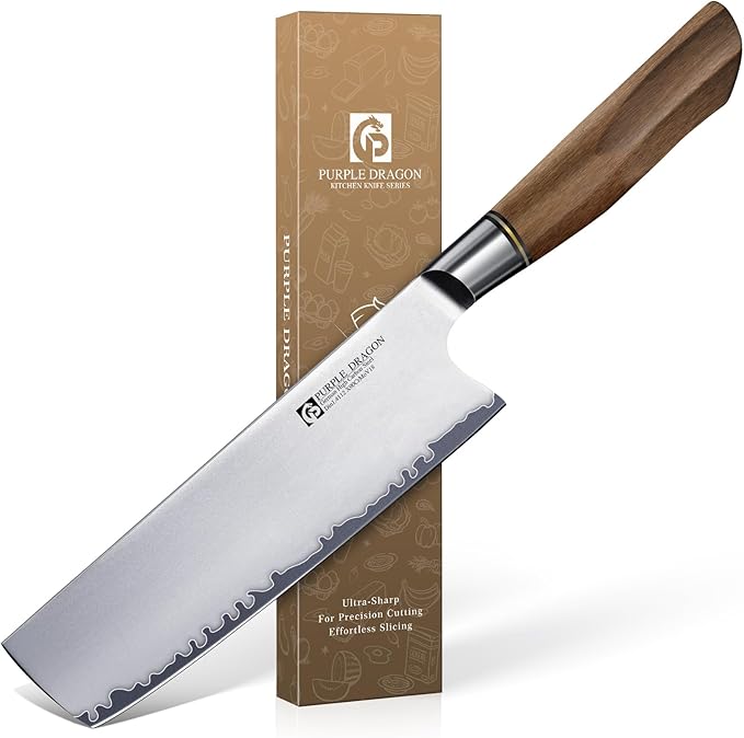 Purple Dragon Nakiri Knife, 7 Inch Meat Cleaver, German Vg10 Steel Japanese Kitchen Knife for Meat Cutting Chopping Dicing Vegetables, Ergonomic Wooden Handle - Christmas Gift for Men and Women