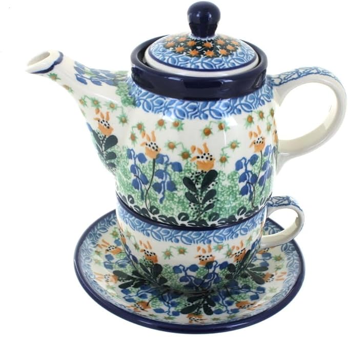 Blue Rose Polish Pottery - Yellow Lily of the Valley Tea for One - 2 Cup Capacity - Decorative Teapot with Matching Cup, Unique Gift for Tea Lovers and Collectors
