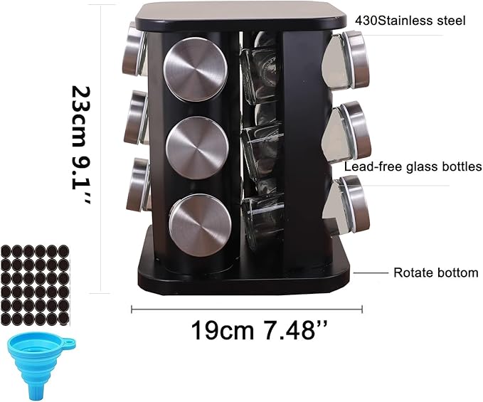 Spice rack-Revolving Spice Rack Set, Kitchen Spice Tower Organizer for Countertop or Cabinet -Desktop Rotating Seasoning Organizer(Stainless Steel) (Black, SquareHead_12Jars)