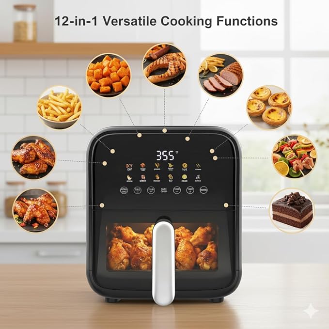 HealSmart 7.5QT Large Capacity Air Fryer, 12-in-1 Digital Preset & DIY Function Airfryer with Visible Window, Precise Temperature Control and Dishwasher Safe, Black