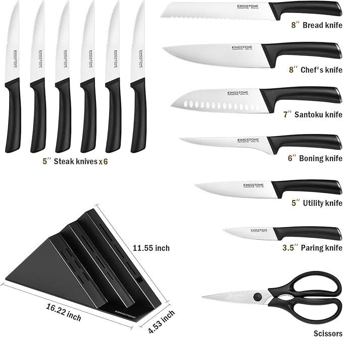 KINGSTONE 14-Piece Knife Block Set, High-Carbon Stainless Steel Knives with Ergonomic Non-Slip Handles, Ultra Sharp & Dishwasher Safe, Black