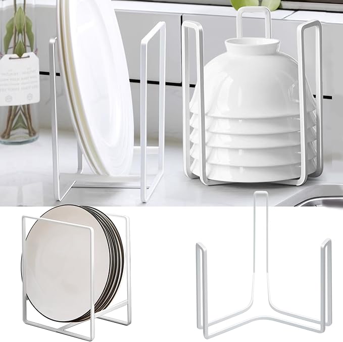 Dinnerware Bowl Plate Holder Fit for 6.5 Inches Diameters Bowl, Metal Bowl Storage Dying Display Rack for Kitchen Drawer, Countertop, Cabinet, Shelf, Cupboard (White, 2L Bowl rack+ 2L Disc rack)