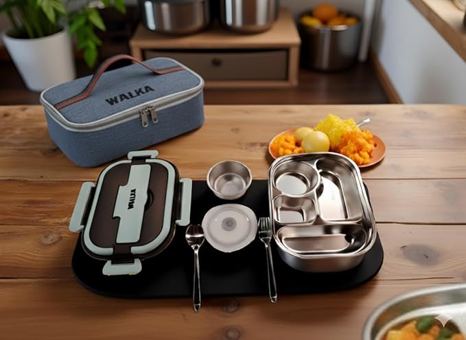 WALKA Lunch Box Stainless Steel, Metal Bento Boxes Leak-Proof, 4 Compartments Bento Lunch Box, Food Storage Containers, Dishwasher Safe with Bag (Blue)